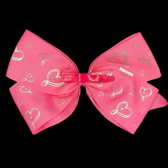 Large Pink/Silver Heart Print Fabric Bow Hair Clip - Picture 2 of 2